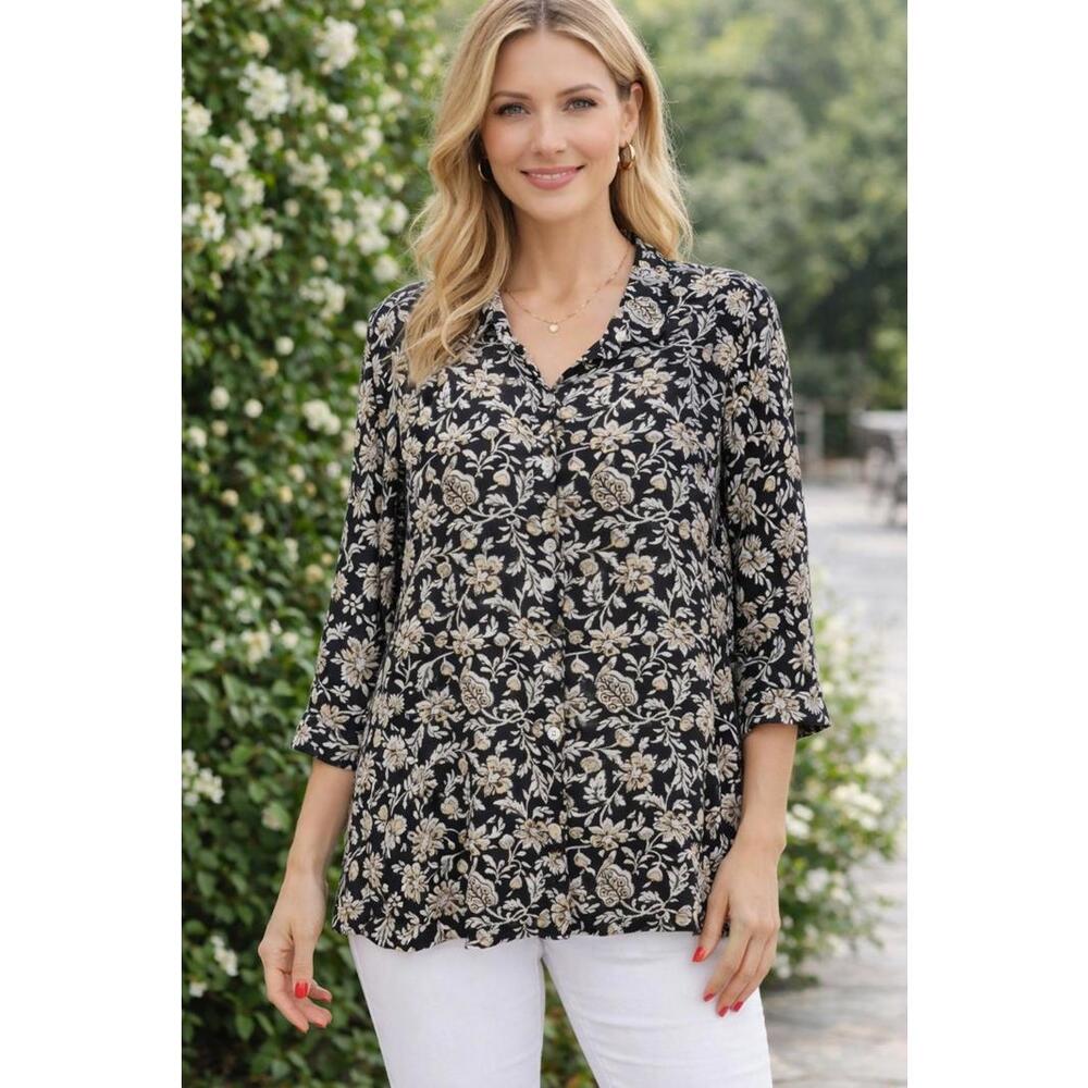 J. Jill Women's Black Floral Button Up Blouse Relaxed Fit Asymmetric Chic Top, M